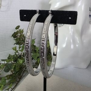 Large Silver Gold Filled Hoop Earrings With Greek Key Design